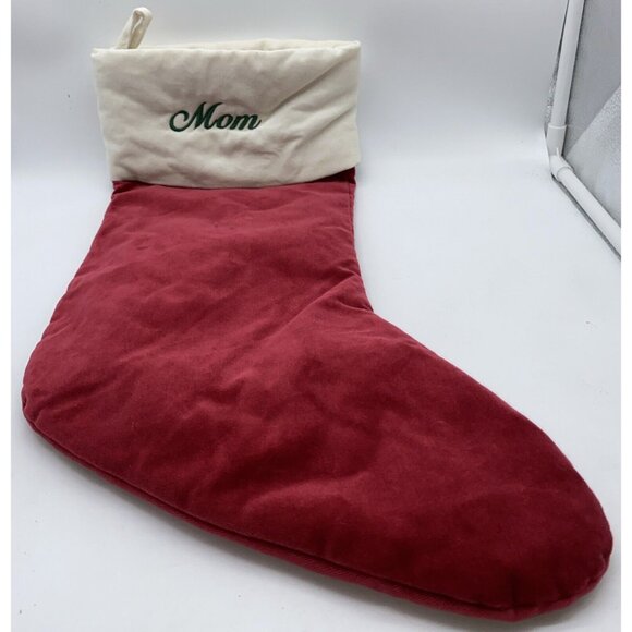 Pottery Barn Mom Velvet Christmas Stocking Holiday Monogrammed Red Cream 19 inch - Picture 1 of 10